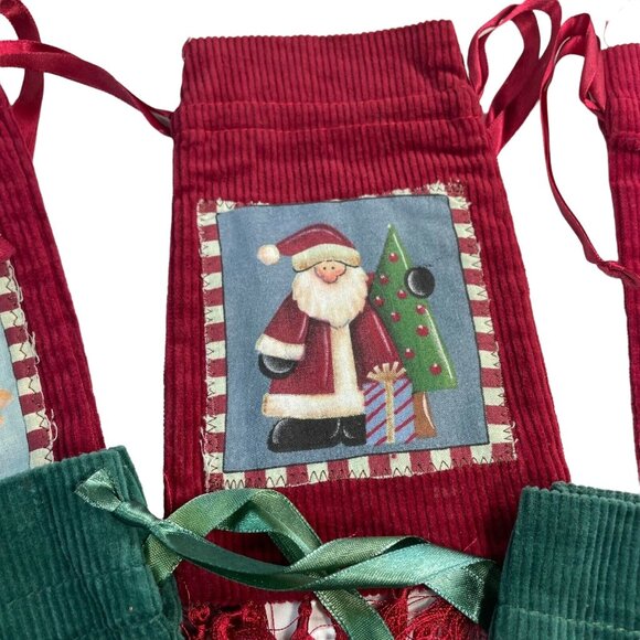 Lot 5 Vintage Corduroy Christmas Gift Bags u 7 x 4 Drawstring Closure Red Green - Picture 3 of 4